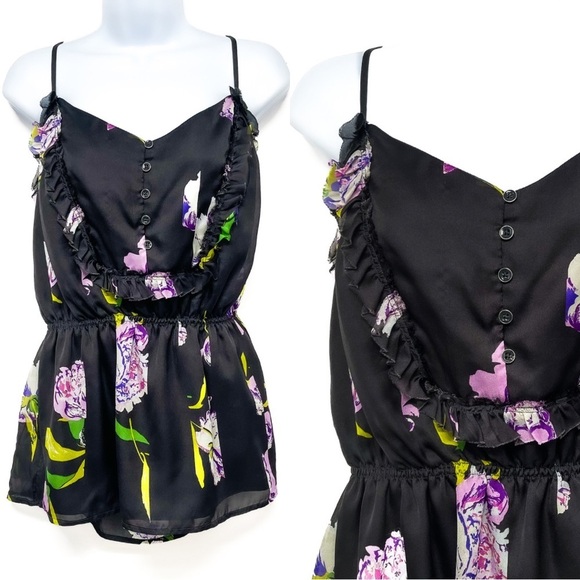 Gap Satin Floral Print Ruffle Button Tank Top Blouse Shirt Large - Picture 1 of 7